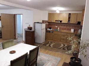 圖茲拉的住宿－Apartment AMRA，厨房配有桌子和白色冰箱。