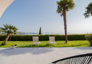 米利尼的住宿－Apartments Blue Horizon，两把椅子坐在棕榈树下的草地上