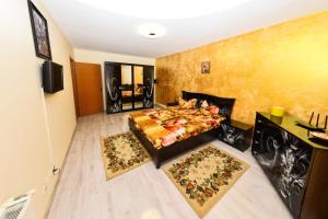 1 dormitorio con 1 cama y 2 alfombras en Apartament Bogdan, en Mamaia