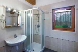 uma casa de banho com um lavatório e um chuveiro em Hotel Europa em Pozza di Fassa