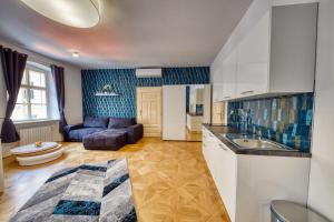 a kitchen and living room with a couch at Aapartamentoos in Bratislava