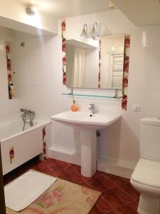 een badkamer met een wastafel, een toilet en een spiegel bij Deribasovskaya,16 in Odessa