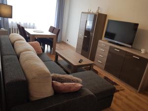 a living room with a couch and a flat screen tv at Apartament Puck in Puck