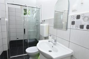 y baño con lavabo, aseo y ducha. en Apartments Katica, en Primošten