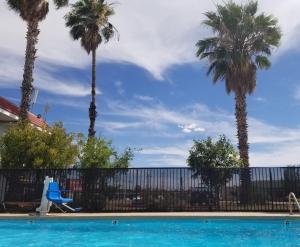 a swimming pool with palm trees and a fence at Minsk Hotels - Extended Stay, I-10 Tucson Airport in Tucson
