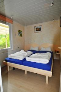 Schlafzimmer mit einem Bett mit blauer Bettwäsche und einem Fenster in der Unterkunft Ferienbungalow Mondfisch an der Ostsee in Zinnowitz