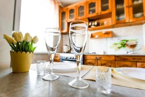 two champagne glasses sitting on a table in a kitchen at Квартира на Козлова 13 in Salihorsk