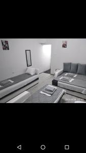 a living room with a couch and a bed at Apartmani Pinokio in Niš