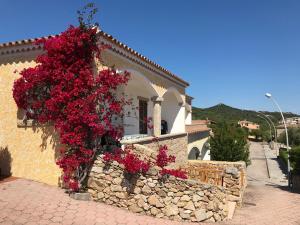 un edificio con flores rojas a un lado. en Appartamenti LaConia Cannigione, en Cannigione