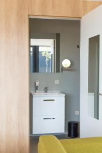 ein Bad mit einem Waschbecken und einem Spiegel in der Unterkunft Buiten Pekelinge in Oostkapelle