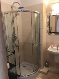 a shower with a glass door in a bathroom at Apartamenty w Stegnie in Stegna