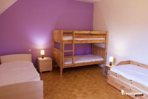 1 Schlafzimmer mit 2 Etagenbetten und lila Wänden in der Unterkunft Gite Lancelot du Val in Campénéac