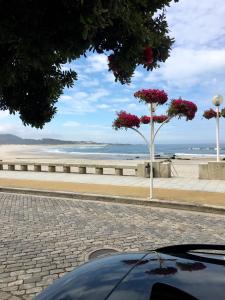 a car parked next to a beach with pink flowers at Guest House D'Avenida in Vila Praia de Âncora