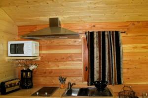 a kitchen with a sink and a microwave at Roulotte de Dilou Noisette in Matha