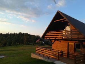 a log cabin in a field with a sky at "U Kamińskich" in Przyborów