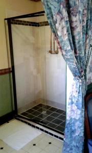 a shower with a curtain and a tiled floor at A Pilgrims Rest in Graskop