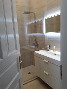 Un baño con ducha y lavabo blanco. en La Dolce Vita, luxury in the absolute center, en Burgas
