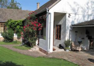 Eine Katze, die auf der Veranda eines weißen Hauses sitzt in der Unterkunft Napkorong Vendégház Feked in Feked