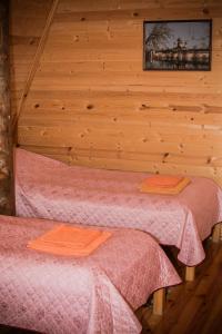 a bedroom with two beds in a log cabin at Berendeevo Tsarstvo in Valday