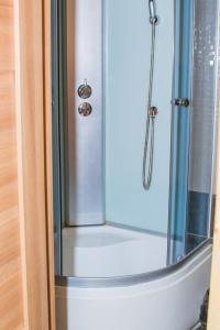 a shower with a glass door in a bathroom at Berendeevo Tsarstvo in Valday