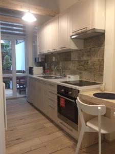 kuchnia ze zlewem i kuchenką górny piekarnik w obiekcie Apartmán nad Imperiálem w Karlowych Warach