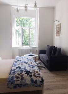 salon z łóżkiem i kanapą w obiekcie Apartmán nad Imperiálem w Karlowych Warach