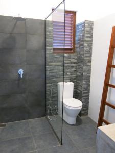 a bathroom with a toilet and a glass shower at Villa Beach Road Ambalangoda in Ambalangoda
