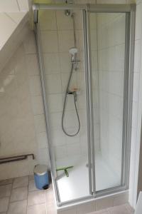 a shower with a glass door in a bathroom at Kranichruf in Schöneberg