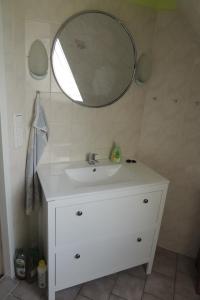 a bathroom with a white sink and a mirror at Kranichruf in Schöneberg