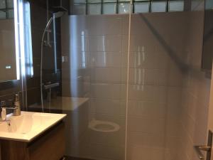 ein Bad mit einer Dusche und einem Waschbecken in der Unterkunft Europa-Feriendorf Husen in Husen