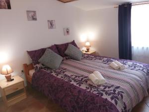 ein Schlafzimmer mit einem lila Bett mit zwei Kissen in der Unterkunft Ranch Radin in Brtonigla
