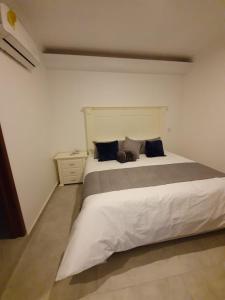 1 dormitorio con 1 cama blanca grande con almohadas azules en Hotel Estancia Real en Tepatitlán de Morelos