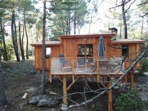 une cabane dans les arbres au milieu d'une forêt dans l'établissement Camping la Simioune en Provence, à Bollène