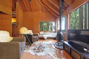 a living room with a fireplace and a tv and a couch at Cabin 55 in Sea Ranch