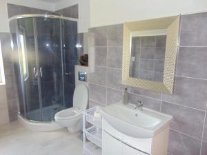 a bathroom with a shower and a toilet and a sink at Willa IDYLLA in Kołobrzeg +21 photos