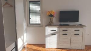 a room with a television on a dresser with a vase of flowers at Apartment LIM in Budva