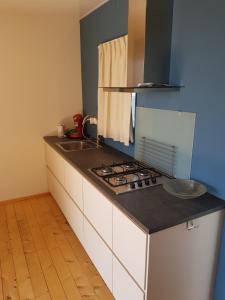 a kitchen with a stove and a counter top at Tiny House by the water - de Schans Alphen in Alphen
