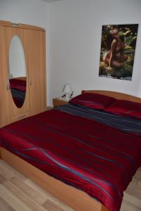 a bedroom with a bed with a red blanket and a mirror at Apartmani Novosel in Šilo