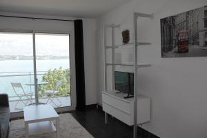 a living room with a tv and a large window at DEPAYSEMENT AU BORD DU LAC in Le Bourget-du-Lac