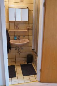 a small bathroom with a sink and a mirror at Pension - Gästehaus Zum Pfälzerwald in Hinterweidenthal