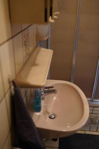 a white sink in a bathroom with a mirror at Pension - Gästehaus Zum Pfälzerwald in Hinterweidenthal +43 photos