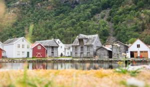 a group of houses next to a body of water at Lærdalsøren Motor Guesthouse in Lærdalsøyri