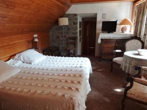 a bedroom with a bed and a desk and a television at Hostal Casa Laplaza in San Juan de Plan