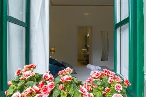 un vaso di rose rosse davanti a una finestra di Guest Home RoSe a Giardini Naxos