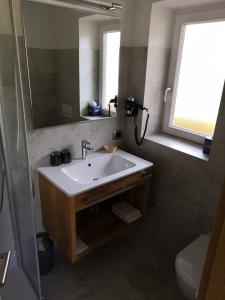 een badkamer met een wastafel, een spiegel en een toilet bij Garni Martlhof in Selva di Val Gardena