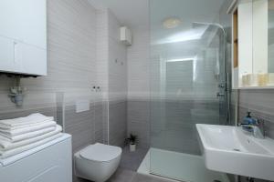 a bathroom with a toilet and a sink and a shower at Studio Apartman KRILA WINGS- parking in garage in Zagreb +19 photos
