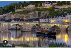 um barco na água debaixo de uma ponte em maison sans vis à vis dans centre historique em Terrasson