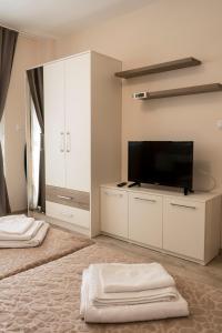 a bedroom with two beds and a flat screen tv at Margis Home in Burgas +26 photos