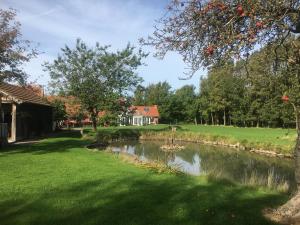 a pond in a yard with a house in the background at Hos Mette in Børkop