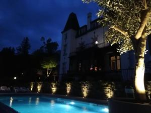 a building with a swimming pool at night at Château Martin in Esneux